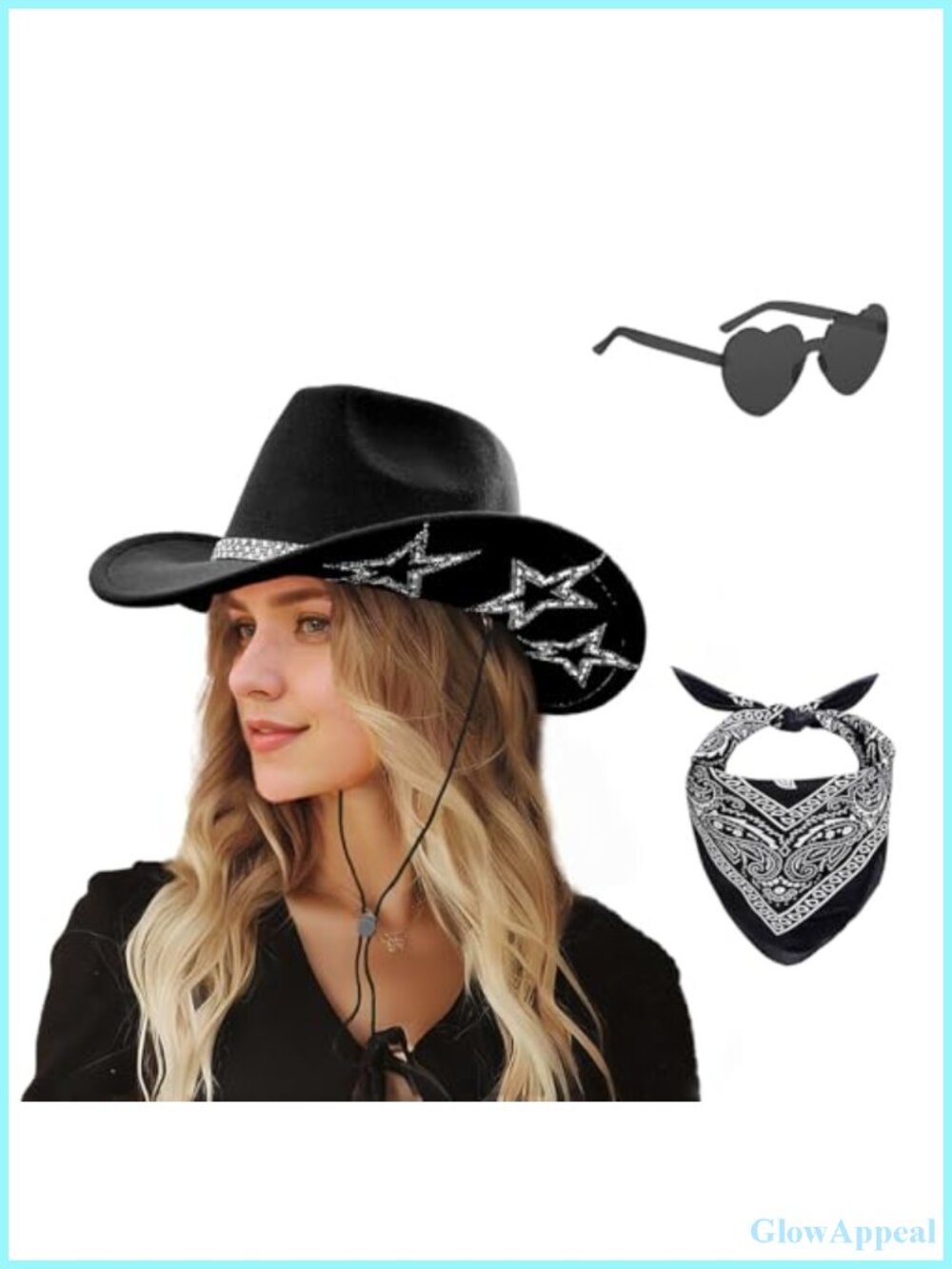 Cowgirl Hat Set with Bandana and Heart Sunglasses Rhinestone Cowboy Hat